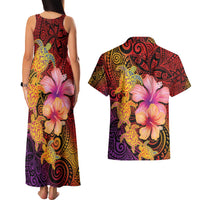 Hawaiian Hibiscus Turtle Tribal Polynesian Pattern Couples Matching Tank Maxi Dress and Hawaiian Shirt Colorful Color