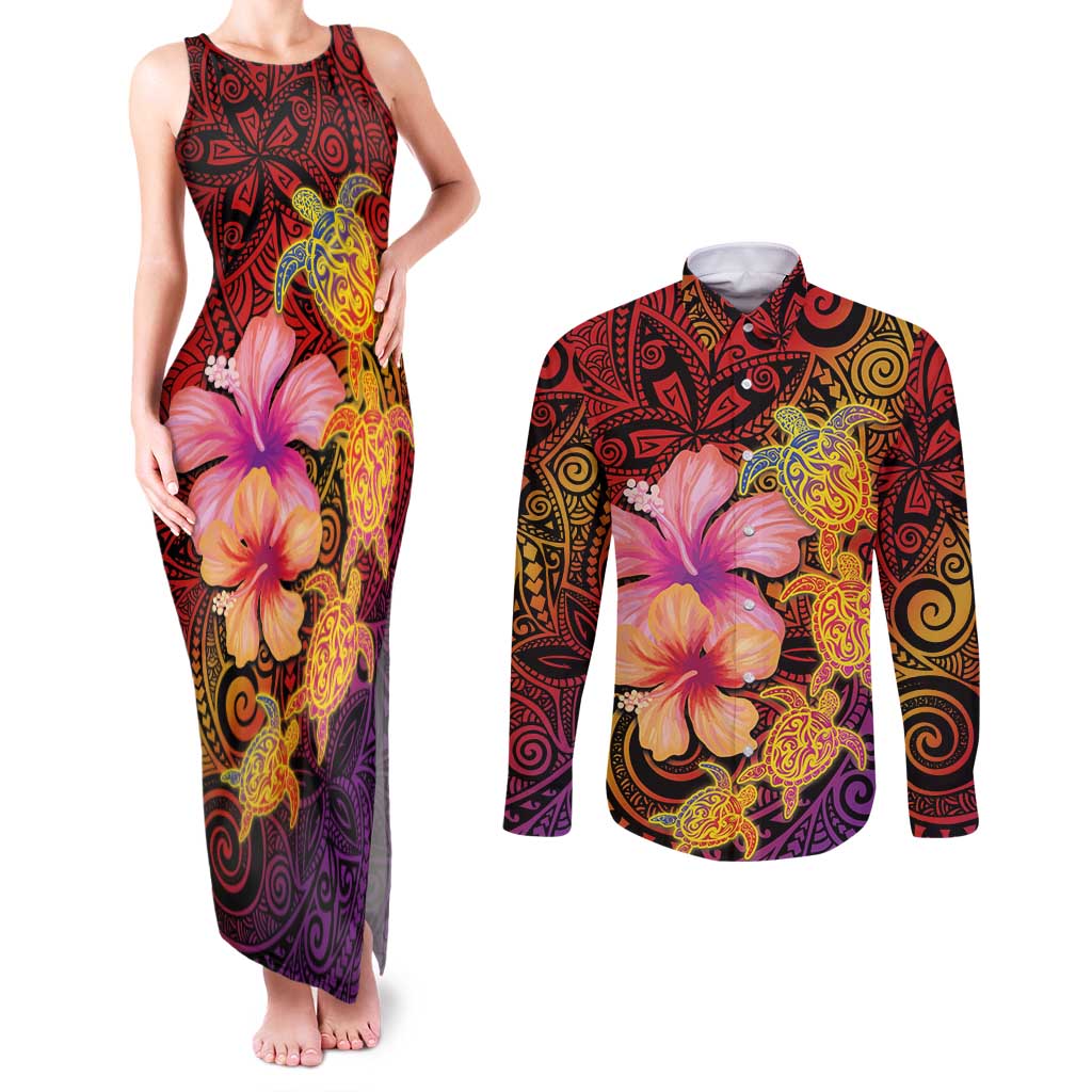 Hawaiian Hibiscus Turtle Tribal Polynesian Pattern Couples Matching Tank Maxi Dress and Long Sleeve Button Shirt Colorful Color