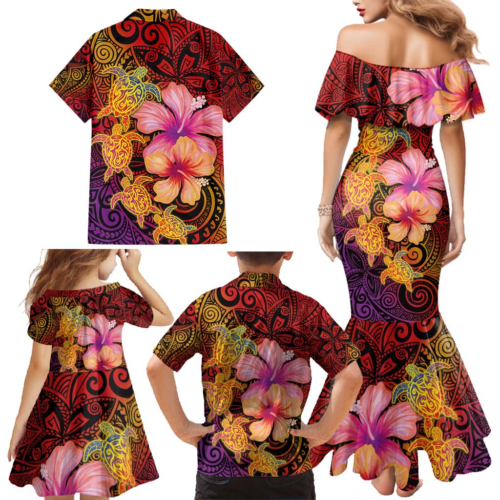 Hawaiian Hibiscus Turtle Tribal Polynesian Pattern Family Matching Mermaid Dress and Hawaiian Shirt Colorful Color
