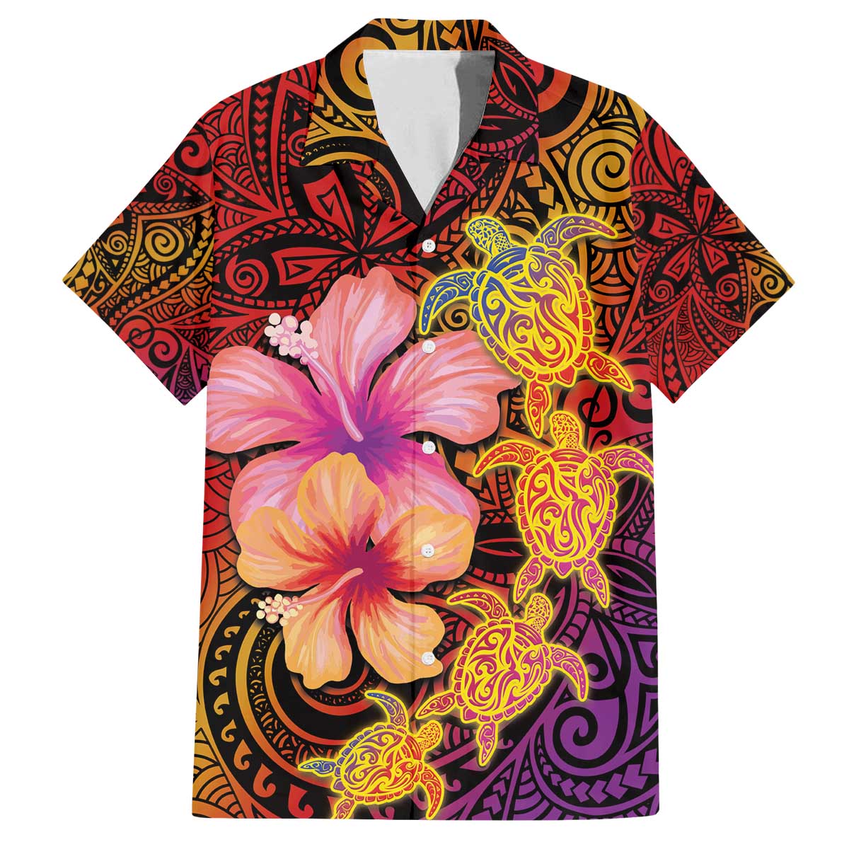 Hawaiian Hibiscus Turtle Tribal Polynesian Pattern Family Matching Off The Shoulder Long Sleeve Dress and Hawaiian Shirt Colorful Color LT03 Dad's Shirt - Short Sleeve Red - Polynesian Pride