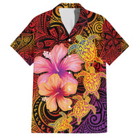 Hawaiian Hibiscus Turtle Tribal Polynesian Pattern Family Matching Off The Shoulder Long Sleeve Dress and Hawaiian Shirt Colorful Color LT03 Dad's Shirt - Short Sleeve Red - Polynesian Pride