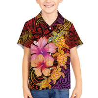 Hawaiian Hibiscus Turtle Tribal Polynesian Pattern Family Matching Off The Shoulder Long Sleeve Dress and Hawaiian Shirt Colorful Color LT03 Son's Shirt Red - Polynesian Pride