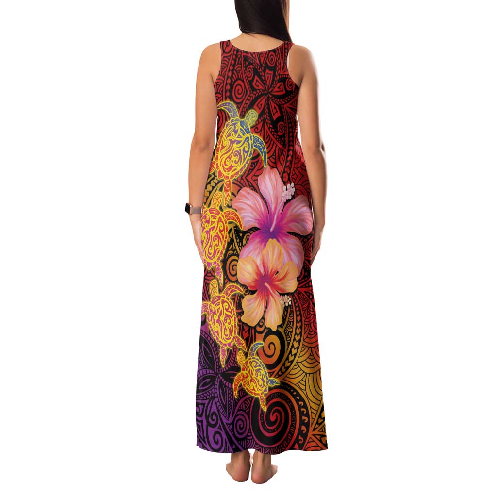 Hawaiian Hibiscus Turtle Tribal Polynesian Pattern Family Matching Tank Maxi Dress and Hawaiian Shirt Colorful Color