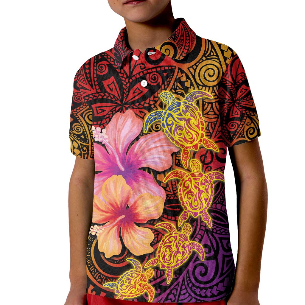 Hawaiian Hibiscus Turtle Tribal Polynesian Pattern Kid Polo Shirt Colorful Color