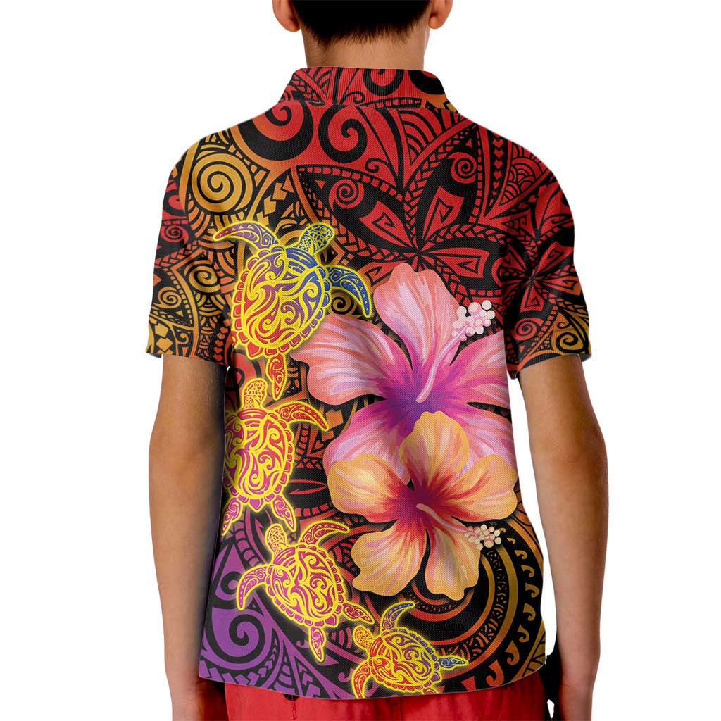 Hawaiian Hibiscus Turtle Tribal Polynesian Pattern Kid Polo Shirt Colorful Color