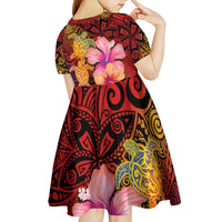 Hawaiian Hibiscus Turtle Tribal Polynesian Pattern Kid Short Sleeve Dress Colorful Color