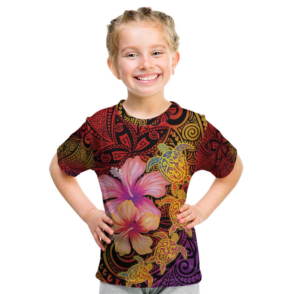 Hawaiian Hibiscus Turtle Tribal Polynesian Pattern Kid T Shirt Colorful Color