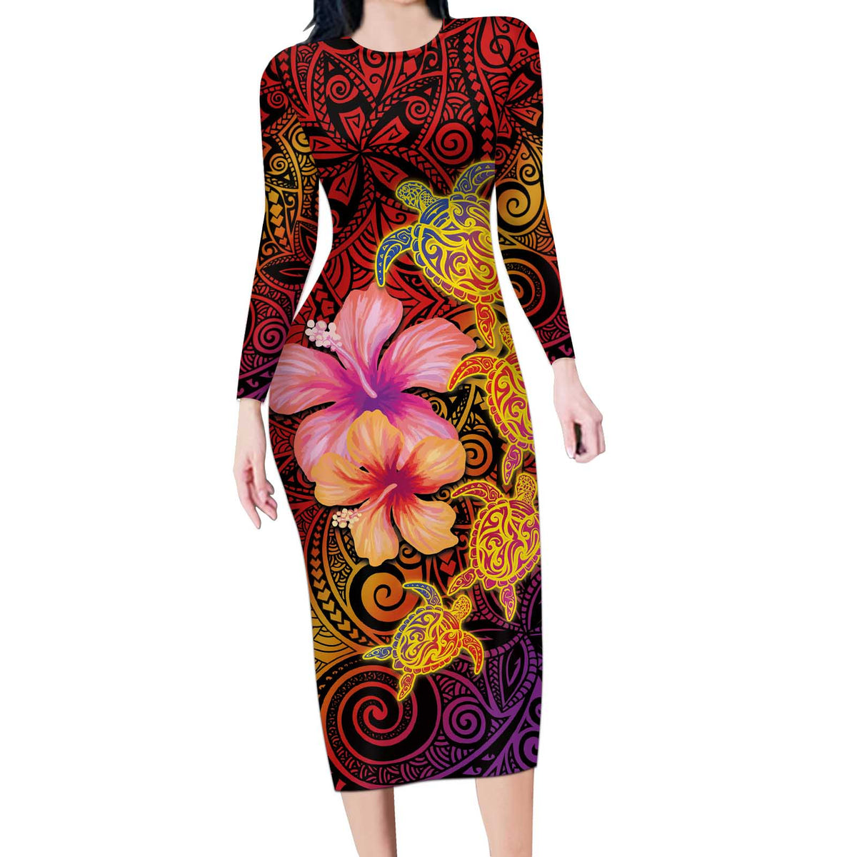 Hawaiian Hibiscus Turtle Tribal Polynesian Pattern Long Sleeve Bodycon Dress Colorful Color