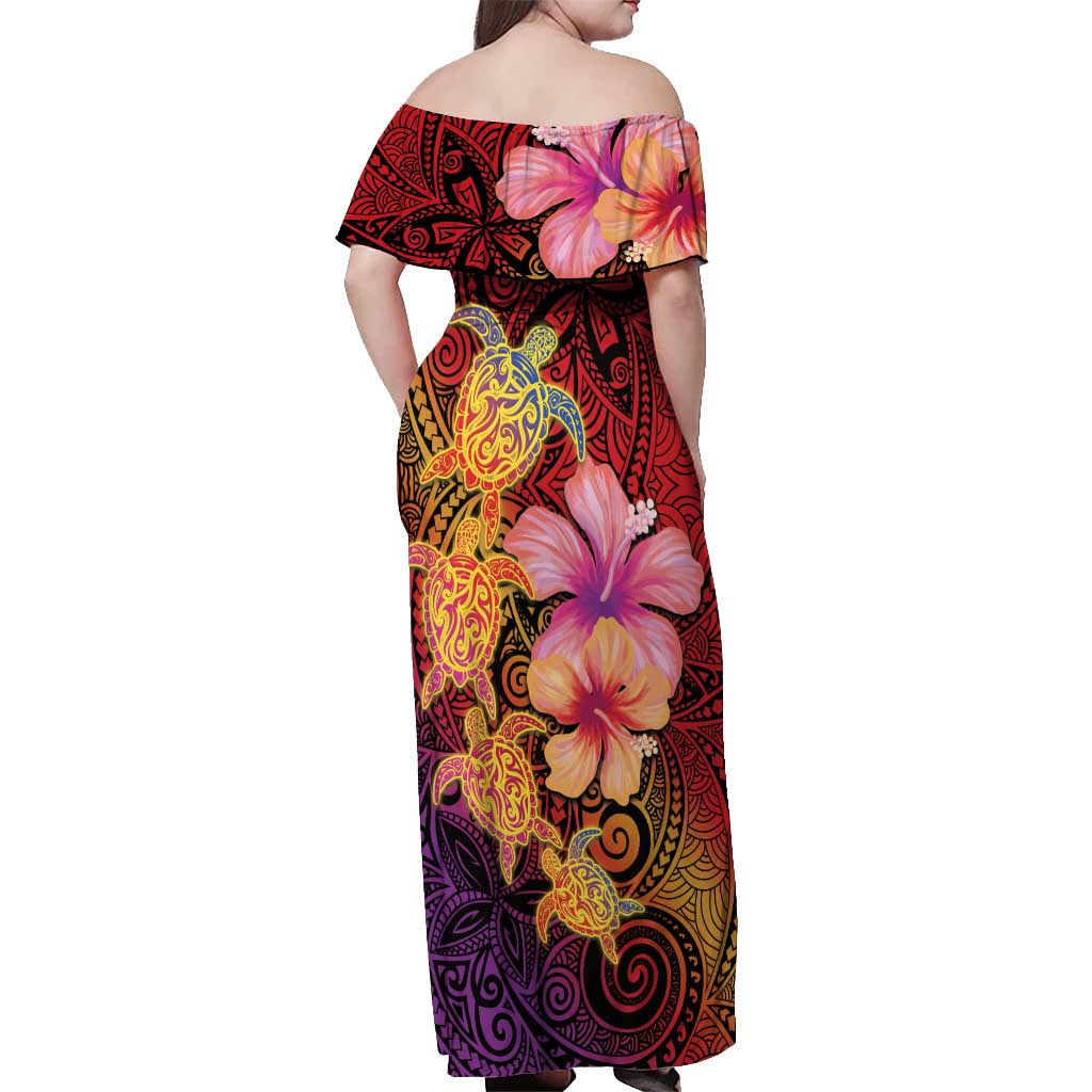 Hawaiian Hibiscus Turtle Tribal Polynesian Pattern Off Shoulder Maxi Dress Colorful Color