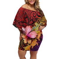 Hawaiian Hibiscus Turtle Tribal Polynesian Pattern Off Shoulder Short Dress Colorful Color LT03 Women Red - Polynesian Pride