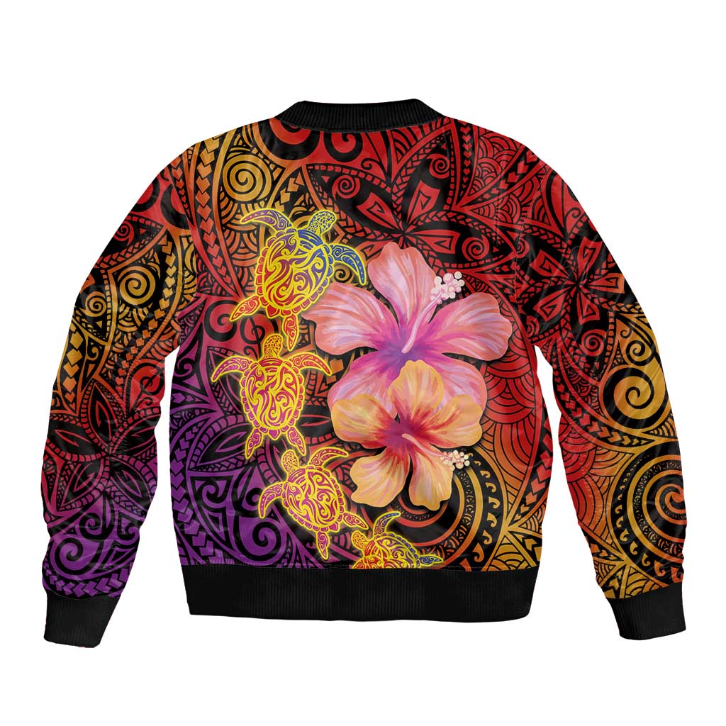 Hawaiian Hibiscus Turtle Tribal Polynesian Pattern Sleeve Zip Bomber Jacket Colorful Color