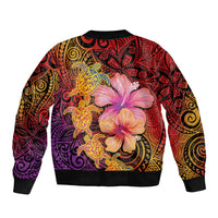 Hawaiian Hibiscus Turtle Tribal Polynesian Pattern Sleeve Zip Bomber Jacket Colorful Color