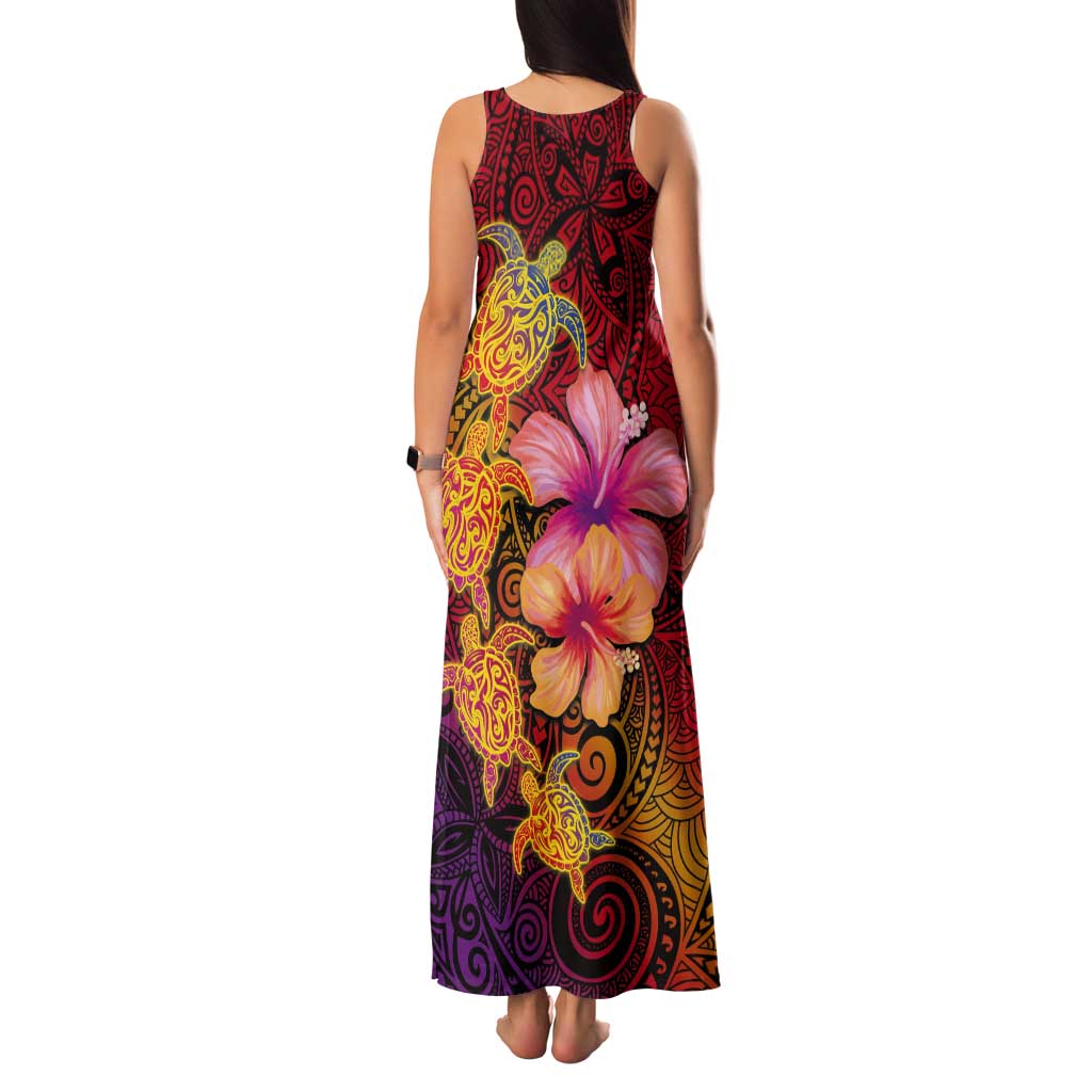 Hawaiian Hibiscus Turtle Tribal Polynesian Pattern Tank Maxi Dress Colorful Color