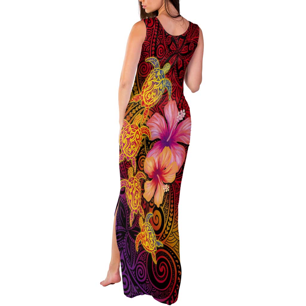 Hawaiian Hibiscus Turtle Tribal Polynesian Pattern Tank Maxi Dress Colorful Color