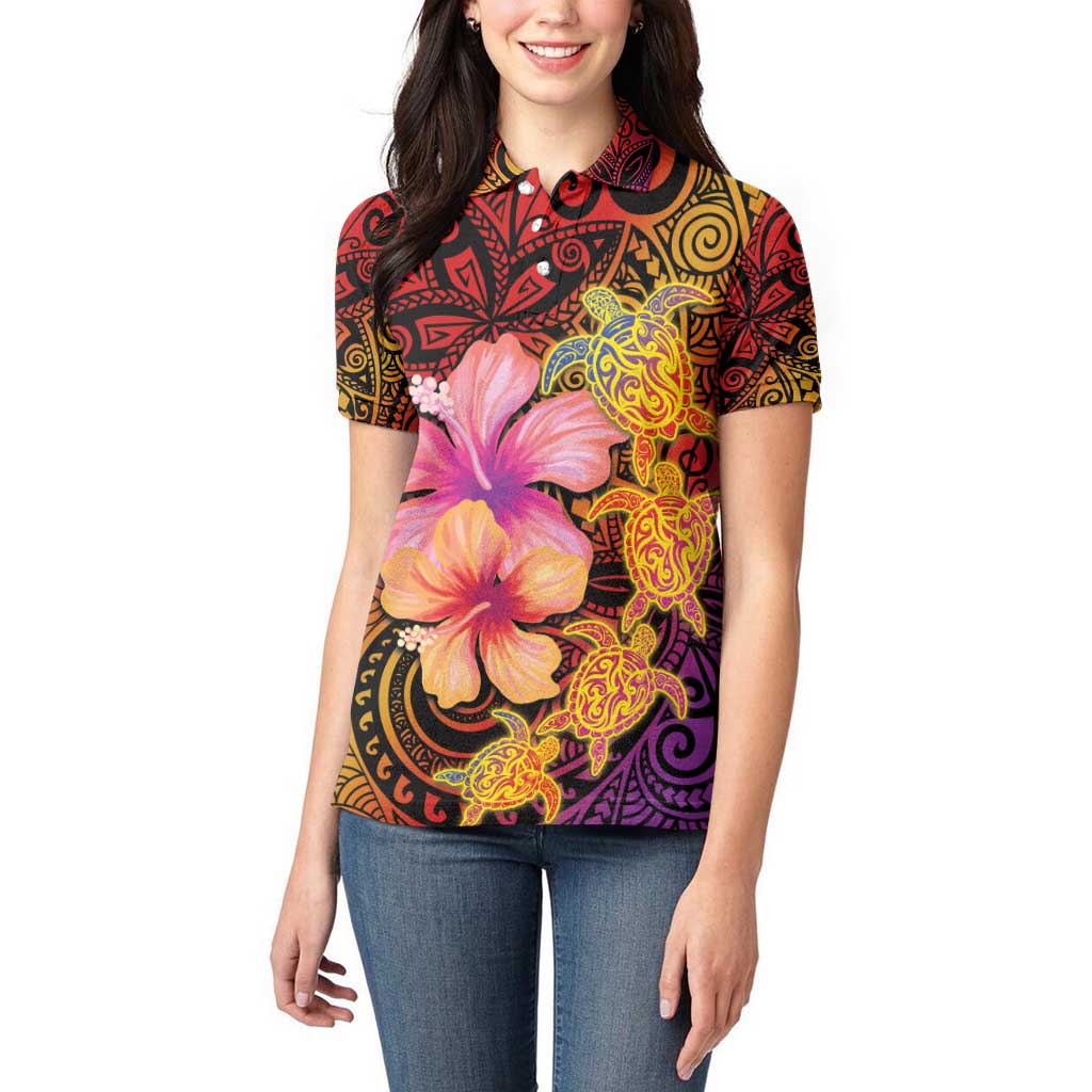 Hawaiian Hibiscus Turtle Tribal Polynesian Pattern Women Polo Shirt Colorful Color LT03 - Polynesian Pride