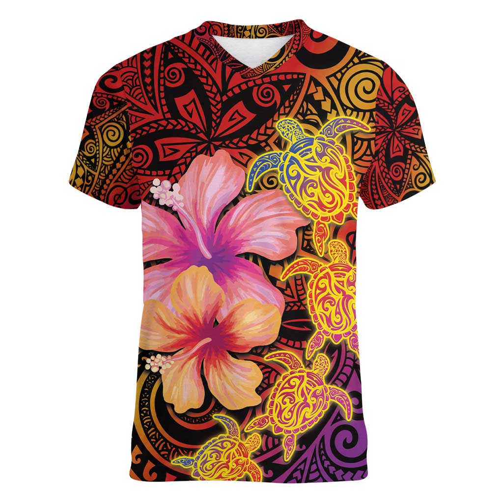 Hawaiian Hibiscus Turtle Tribal Polynesian Pattern Women V-Neck T-Shirt Colorful Color