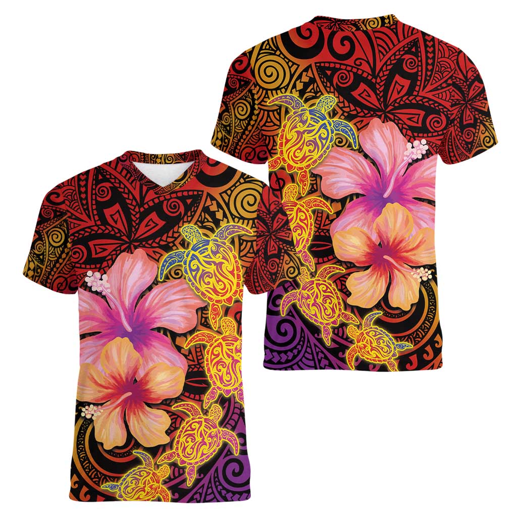 Hawaiian Hibiscus Turtle Tribal Polynesian Pattern Women V-Neck T-Shirt Colorful Color
