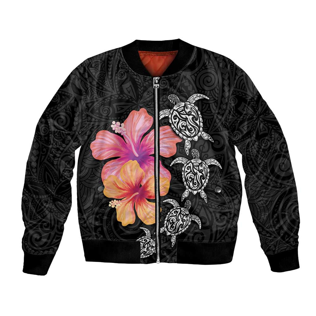Hawaiian Hibiscus Turtle Tribal Polynesian Pattern Bomber Jacket Black Color