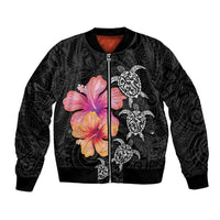 Hawaiian Hibiscus Turtle Tribal Polynesian Pattern Bomber Jacket Black Color