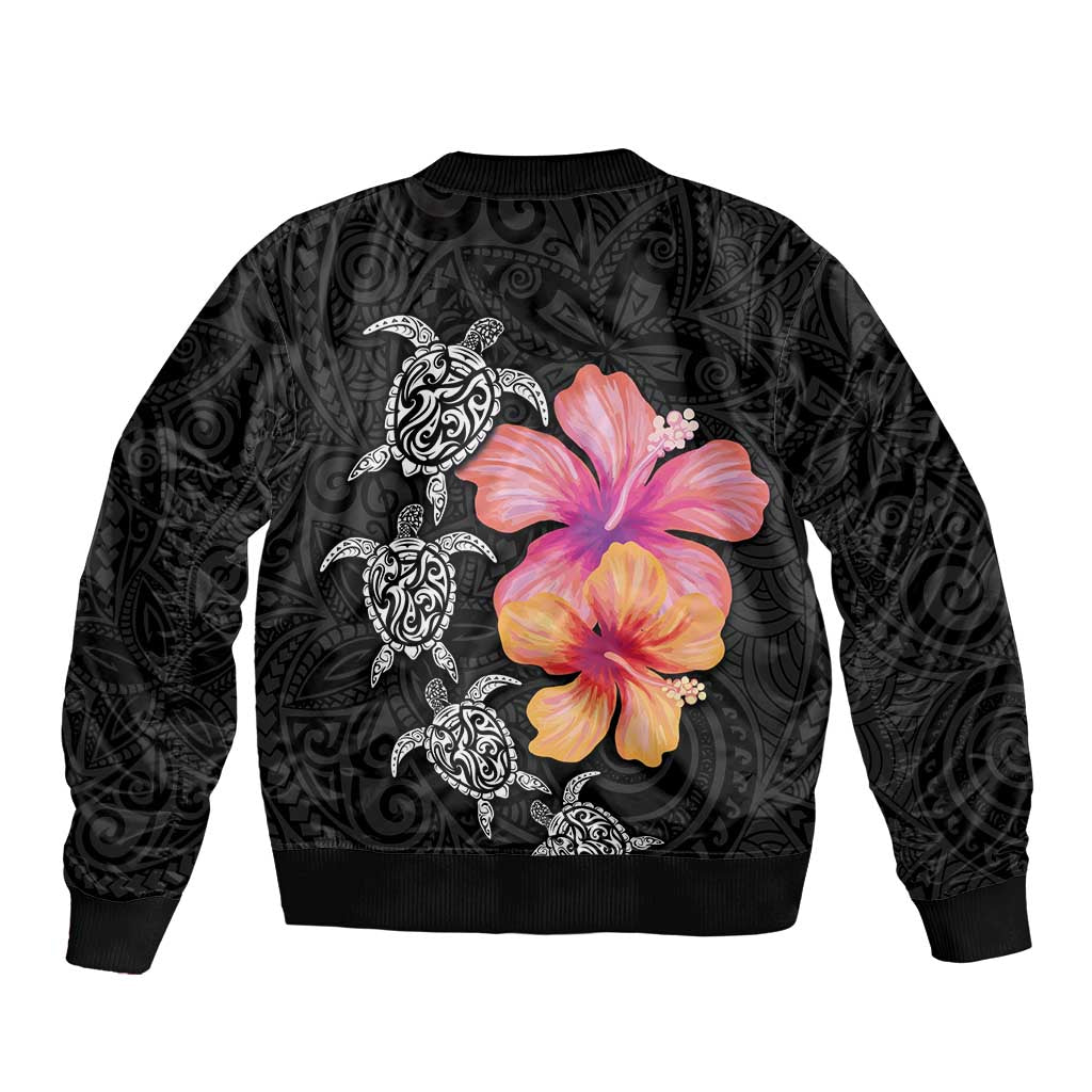 Hawaiian Hibiscus Turtle Tribal Polynesian Pattern Bomber Jacket Black Color