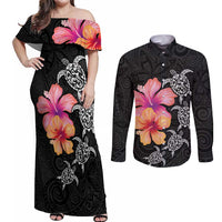 Hawaiian Hibiscus Turtle Tribal Polynesian Pattern Couples Matching Off Shoulder Maxi Dress and Long Sleeve Button Shirt Black Color