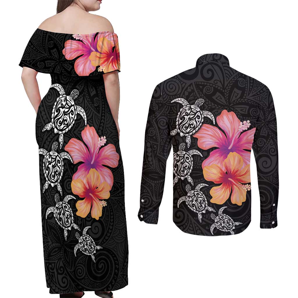Hawaiian Hibiscus Turtle Tribal Polynesian Pattern Couples Matching Off Shoulder Maxi Dress and Long Sleeve Button Shirt Black Color