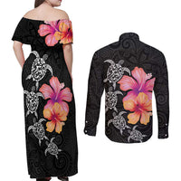 Hawaiian Hibiscus Turtle Tribal Polynesian Pattern Couples Matching Off Shoulder Maxi Dress and Long Sleeve Button Shirt Black Color