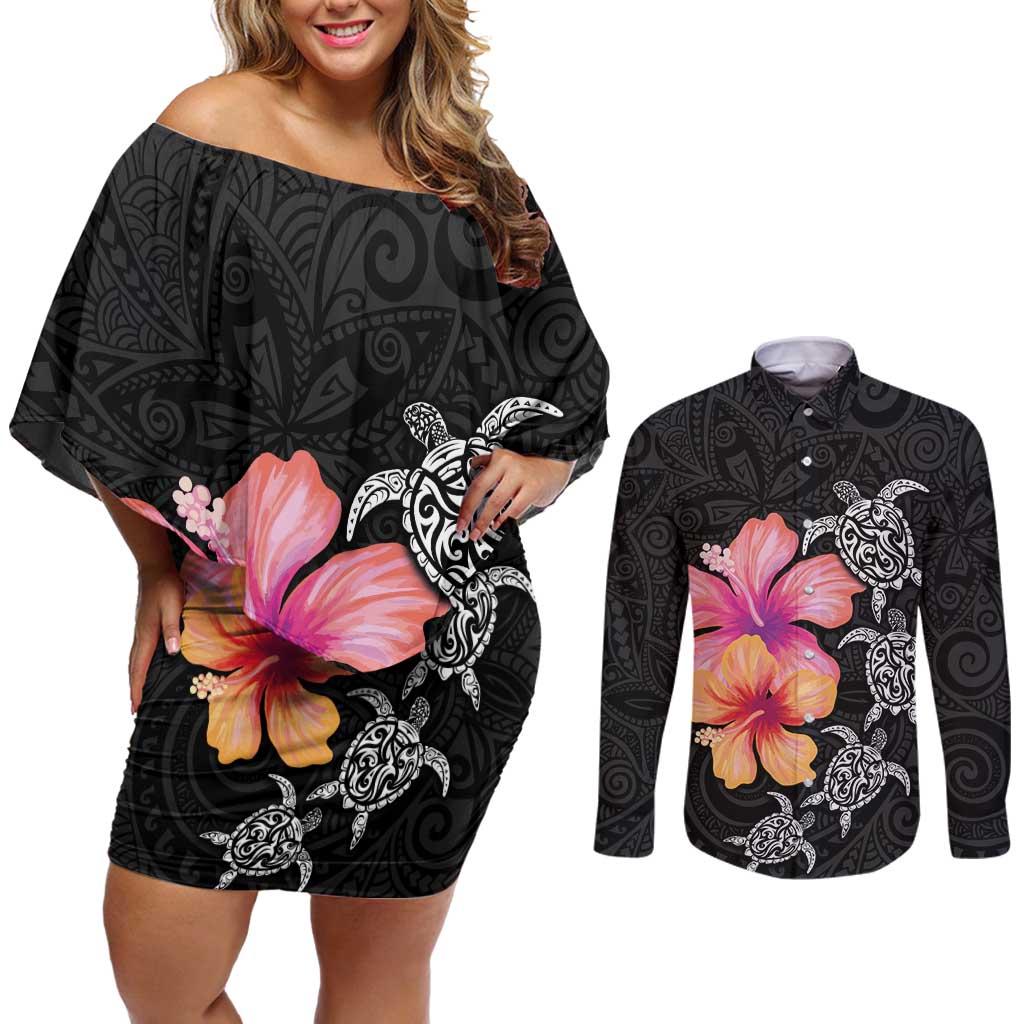 Hawaiian Hibiscus Turtle Tribal Polynesian Pattern Couples Matching Off Shoulder Short Dress and Long Sleeve Button Shirt Black Color