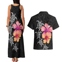 Hawaiian Hibiscus Turtle Tribal Polynesian Pattern Couples Matching Tank Maxi Dress and Hawaiian Shirt Black Color