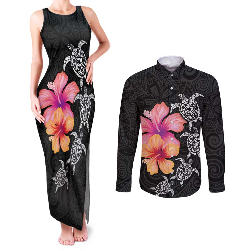 Hawaiian Hibiscus Turtle Tribal Polynesian Pattern Couples Matching Tank Maxi Dress and Long Sleeve Button Shirt Black Color