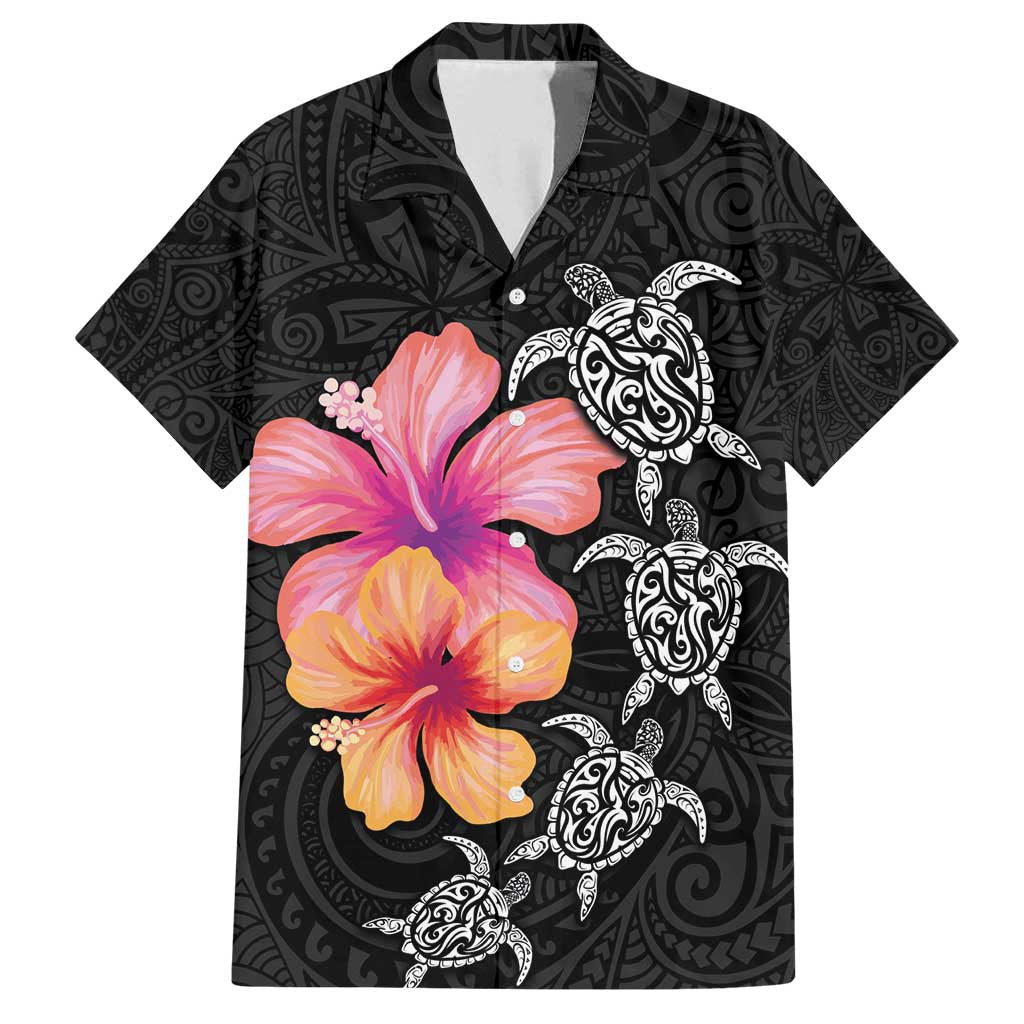 Hawaiian Hibiscus Turtle Tribal Polynesian Pattern Family Matching Long Sleeve Bodycon Dress and Hawaiian Shirt Black Color