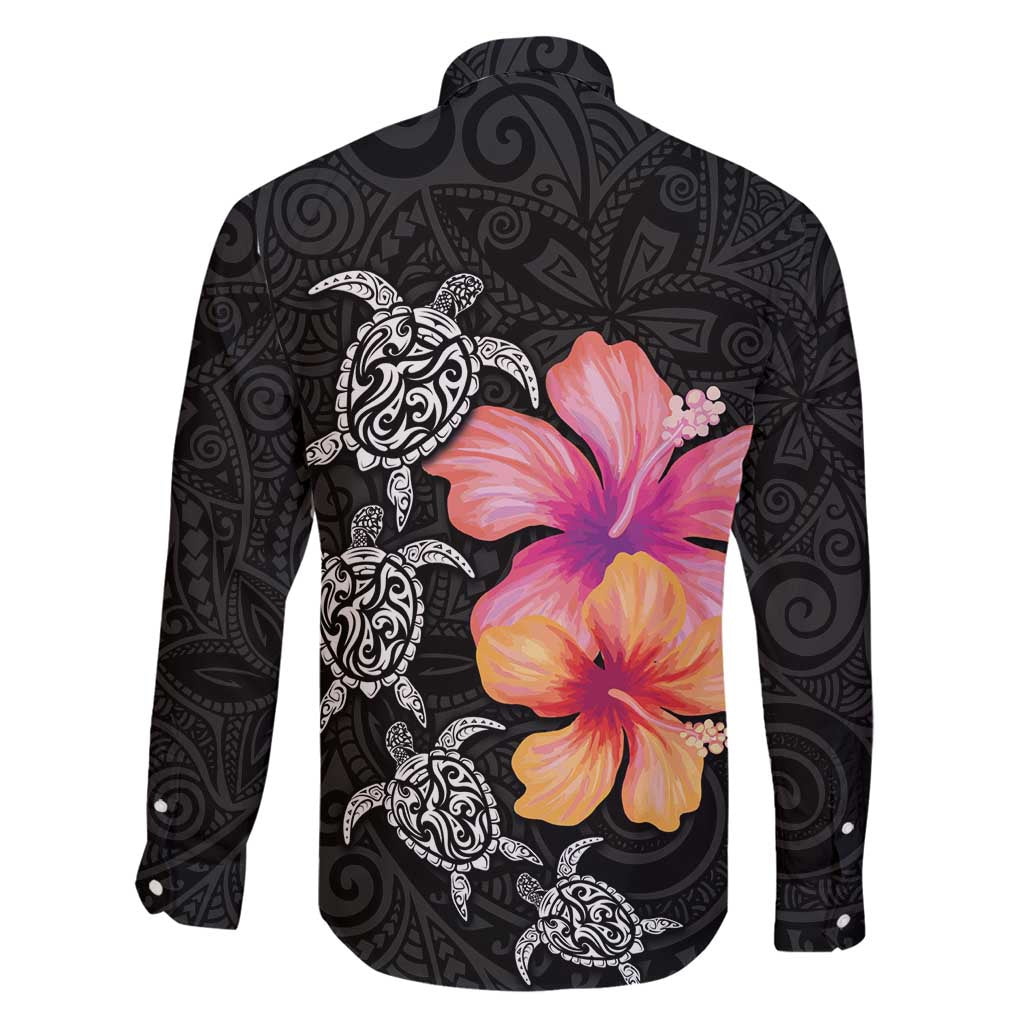 Hawaiian Hibiscus Turtle Tribal Polynesian Pattern Family Matching Long Sleeve Bodycon Dress and Hawaiian Shirt Black Color