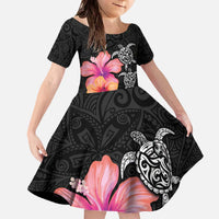 Hawaiian Hibiscus Turtle Tribal Polynesian Pattern Family Matching Off The Shoulder Long Sleeve Dress and Hawaiian Shirt Black Color LT03 Daughter's Dress Black - Polynesian Pride