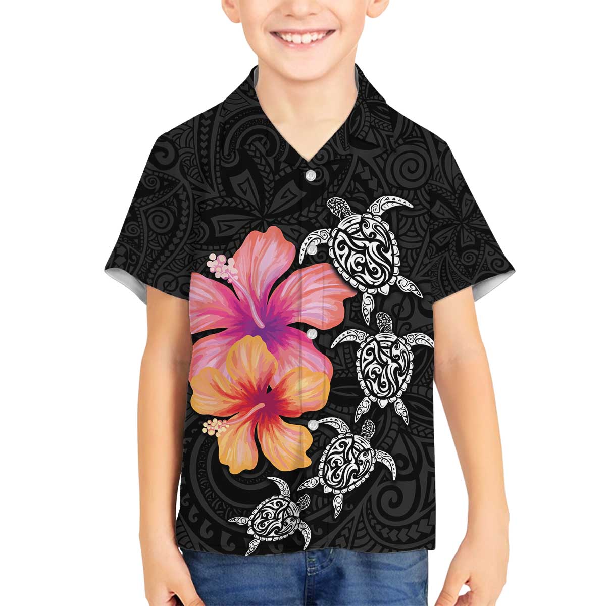 Hawaiian Hibiscus Turtle Tribal Polynesian Pattern Family Matching Off The Shoulder Long Sleeve Dress and Hawaiian Shirt Black Color LT03 Son's Shirt Black - Polynesian Pride