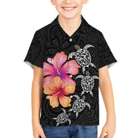 Hawaiian Hibiscus Turtle Tribal Polynesian Pattern Family Matching Off The Shoulder Long Sleeve Dress and Hawaiian Shirt Black Color LT03 Son's Shirt Black - Polynesian Pride