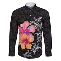 Hawaiian Hibiscus Turtle Tribal Polynesian Pattern Family Matching Off Shoulder Short Dress and Hawaiian Shirt Black Color LT03 Dad's Shirt - Long Sleeve Black - Polynesian Pride