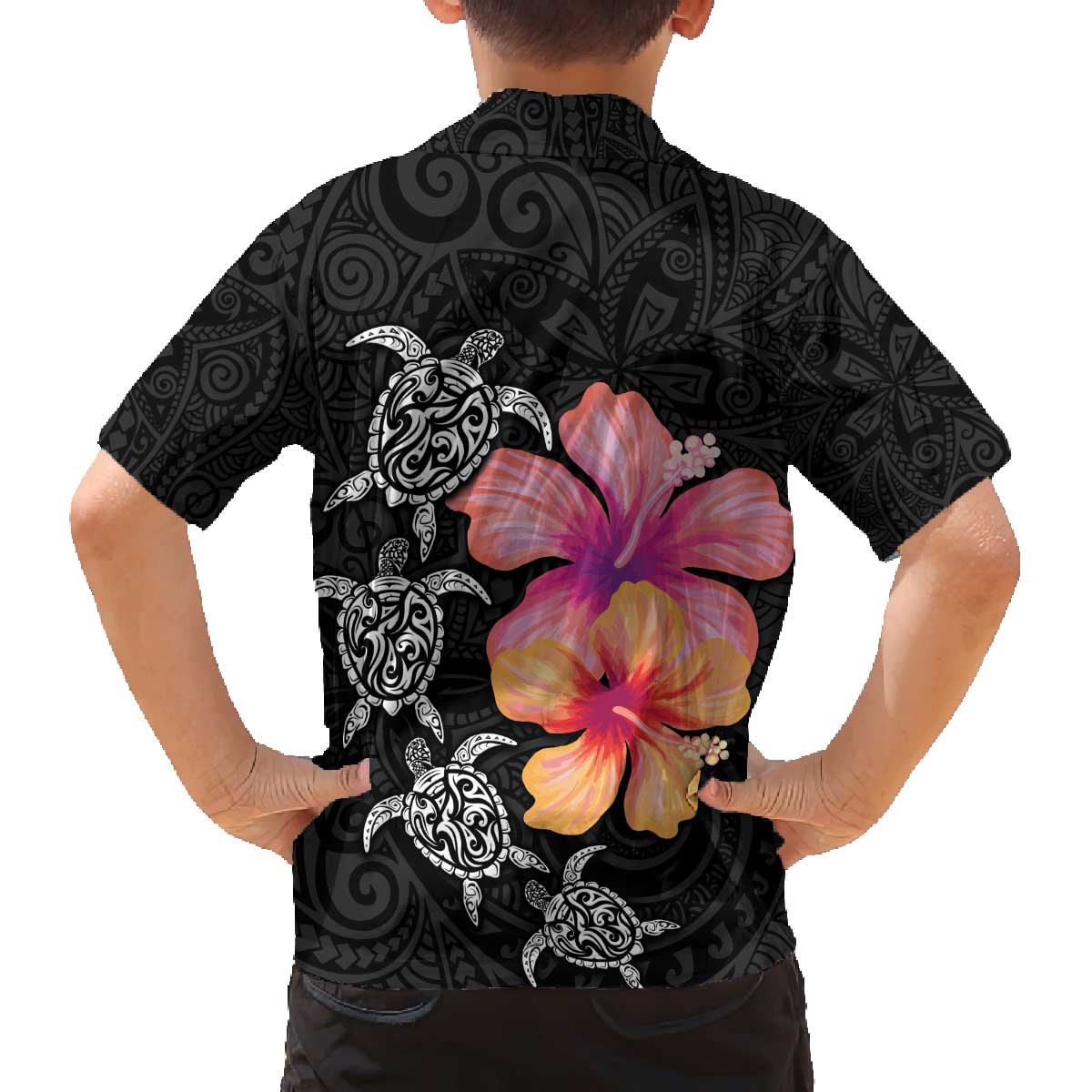 Hawaiian Hibiscus Turtle Tribal Polynesian Pattern Family Matching Puletasi and Hawaiian Shirt Black Color