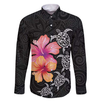 Hawaiian Hibiscus Turtle Tribal Polynesian Pattern Family Matching Puletasi and Hawaiian Shirt Black Color
