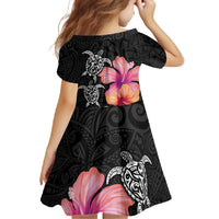 Hawaiian Hibiscus Turtle Tribal Polynesian Pattern Family Matching Tank Maxi Dress and Hawaiian Shirt Black Color