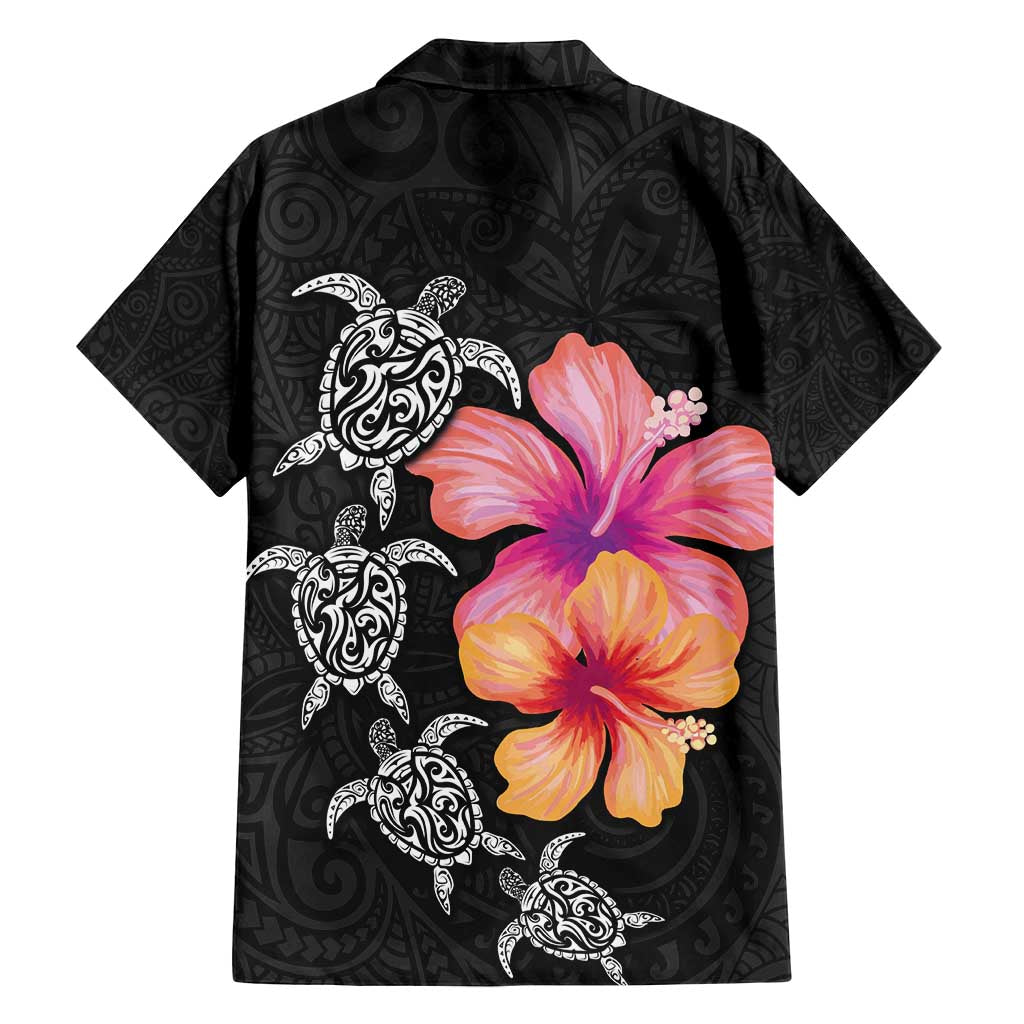 Hawaiian Hibiscus Turtle Tribal Polynesian Pattern Family Matching Tank Maxi Dress and Hawaiian Shirt Black Color