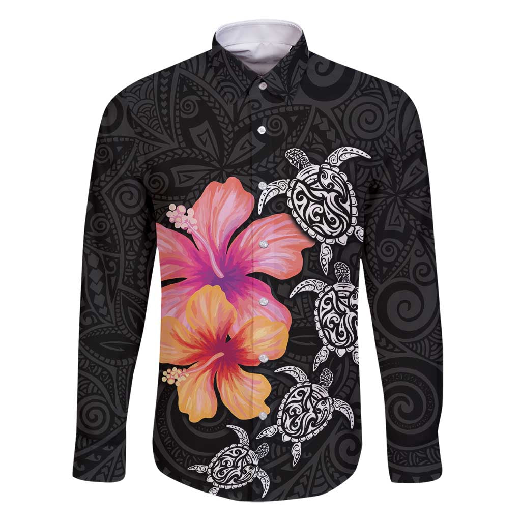 Hawaiian Hibiscus Turtle Tribal Polynesian Pattern Family Matching Tank Maxi Dress and Hawaiian Shirt Black Color