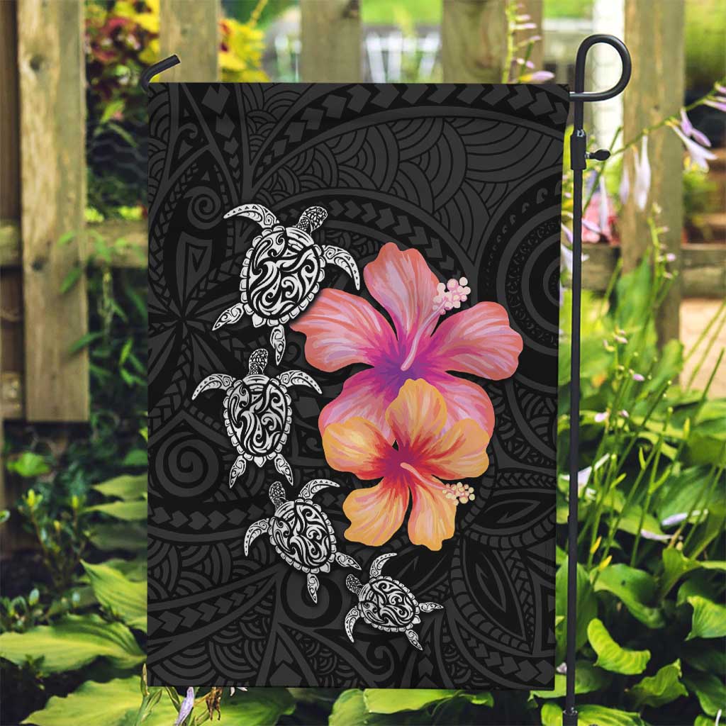 Hawaiian Hibiscus Turtle Tribal Polynesian Pattern Garden Flag Black Color