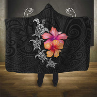 Hawaiian Hibiscus Turtle Tribal Polynesian Pattern Hooded Blanket Black Color