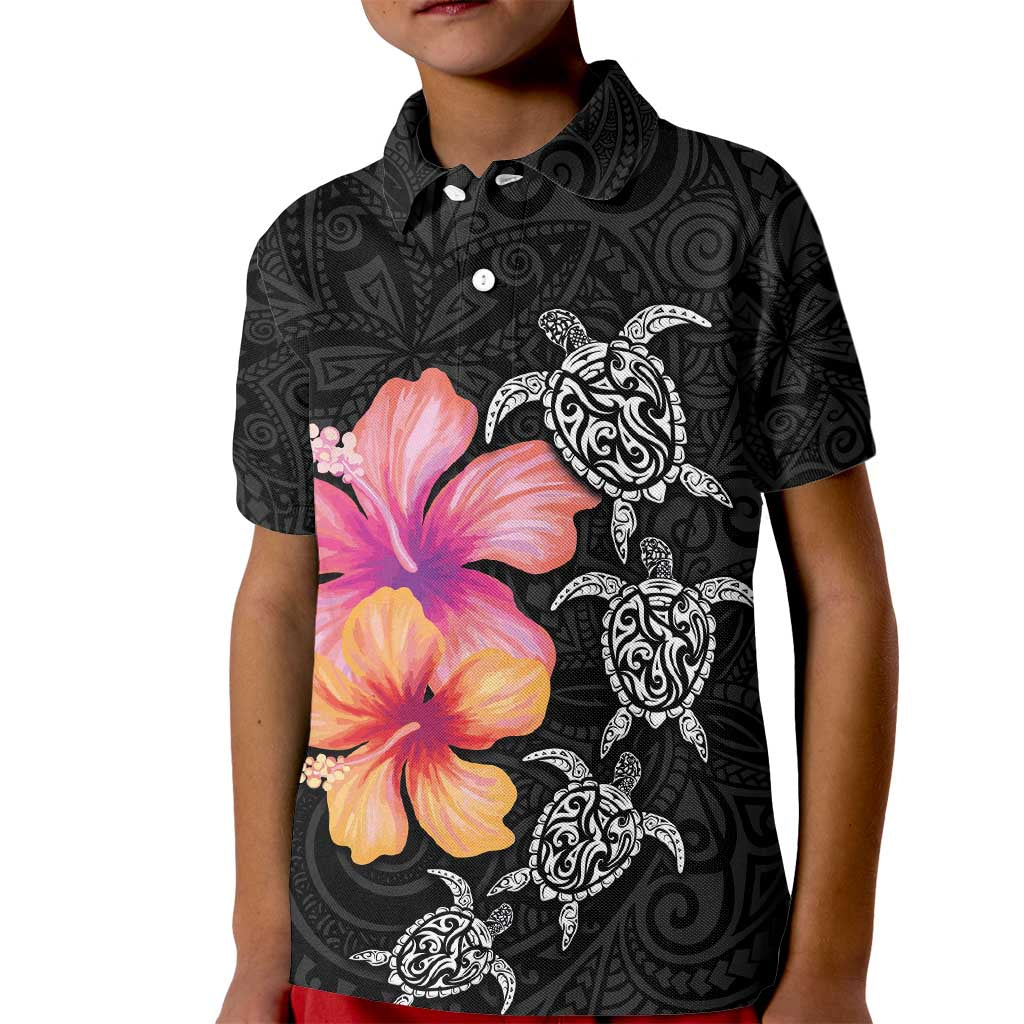 Hawaiian Hibiscus Turtle Tribal Polynesian Pattern Kid Polo Shirt Black Color