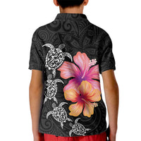 Hawaiian Hibiscus Turtle Tribal Polynesian Pattern Kid Polo Shirt Black Color
