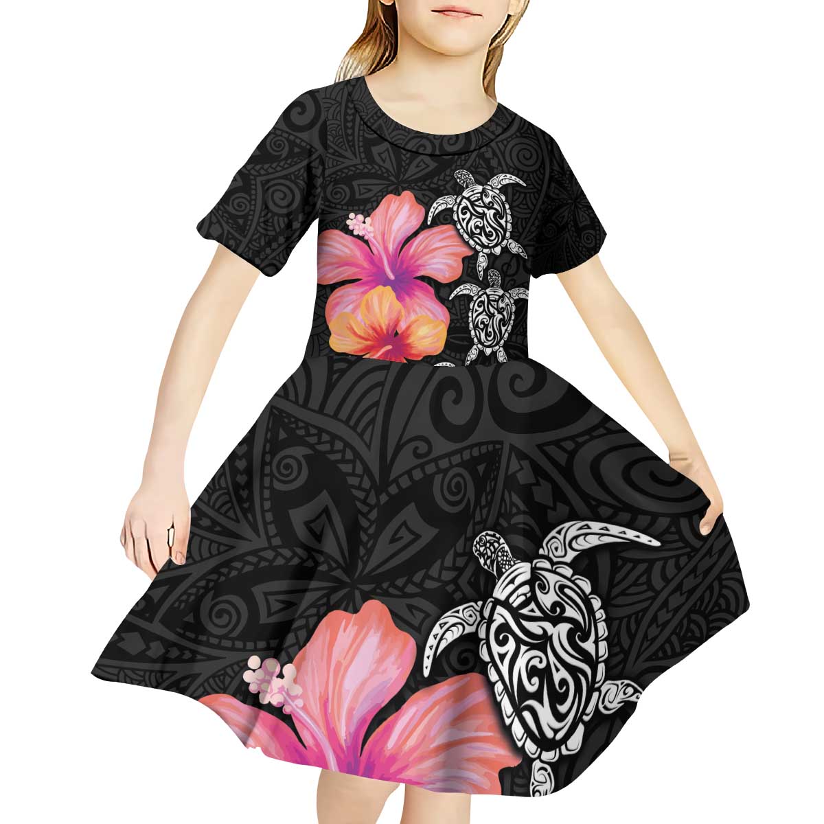 Hawaiian Hibiscus Turtle Tribal Polynesian Pattern Kid Short Sleeve Dress Black Color