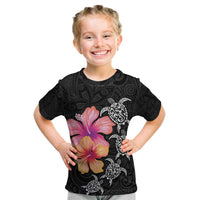 Hawaiian Hibiscus Turtle Tribal Polynesian Pattern Kid T Shirt Black Color