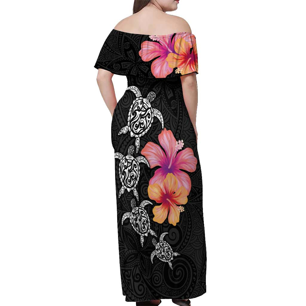 Hawaiian Hibiscus Turtle Tribal Polynesian Pattern Off Shoulder Maxi Dress Black Color
