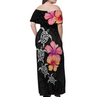 Hawaiian Hibiscus Turtle Tribal Polynesian Pattern Off Shoulder Maxi Dress Black Color