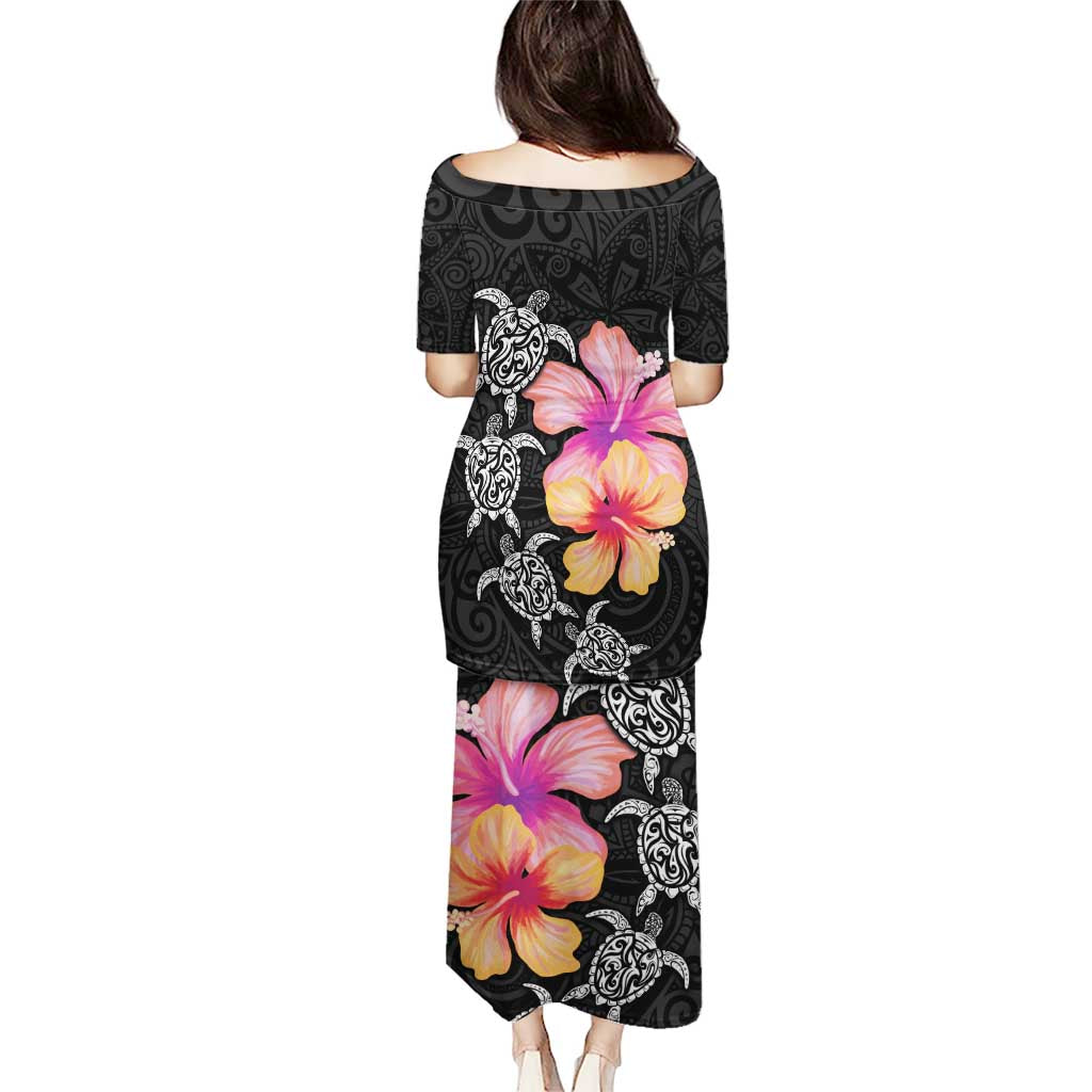 Hawaiian Hibiscus Turtle Tribal Polynesian Pattern Puletasi Black Color